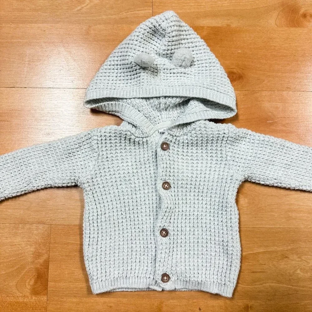 Carters Gray Knit Button Closure Hooded Bear Sweater Unisex Baby Size 3M